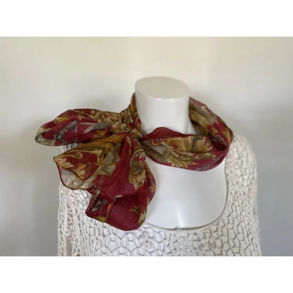 Ray Strauss Scarf Sheer Burgundy Beige‎ Yellow Flowers Rectangle 60